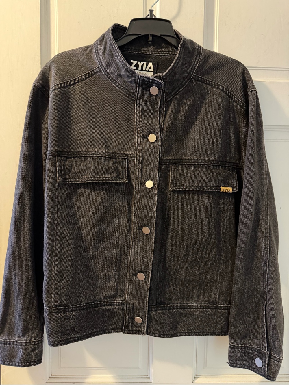 ZYIA Black Denim Jacket with Gold Logo Tab